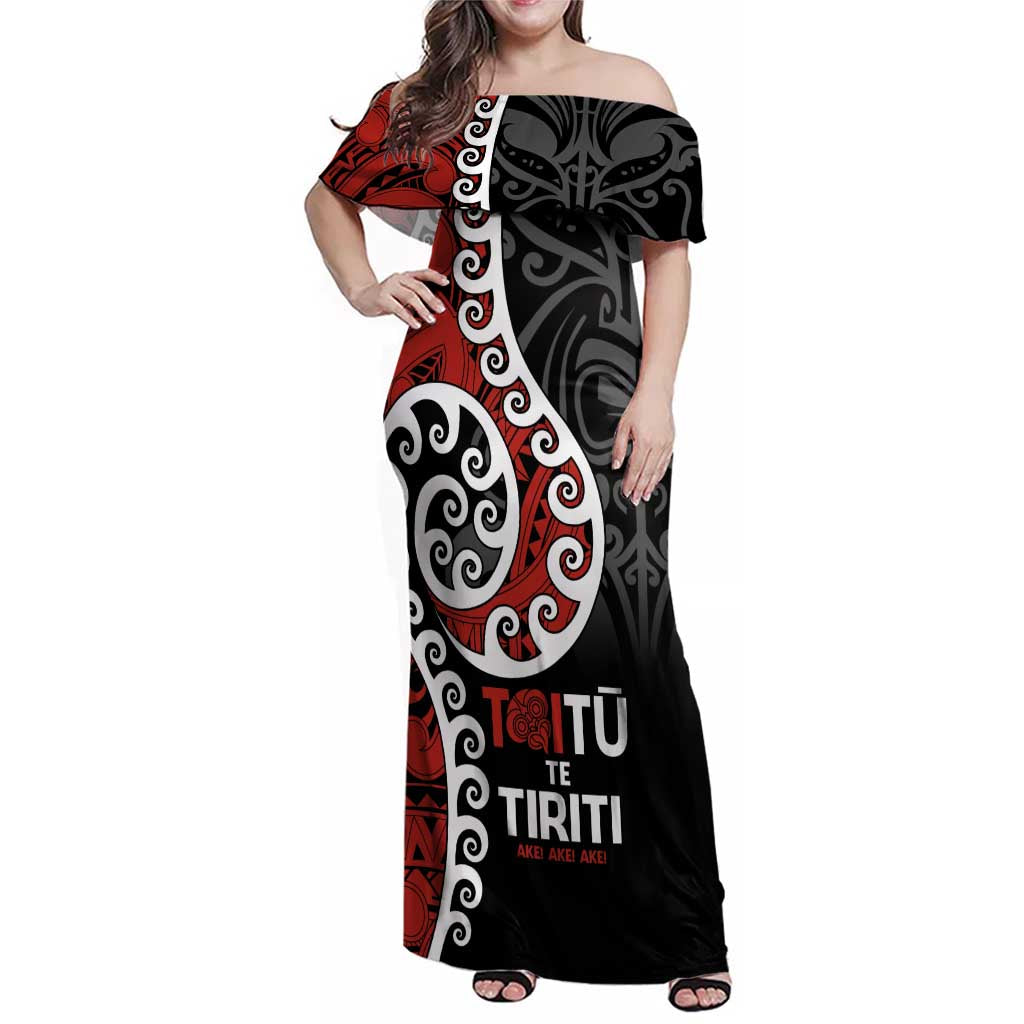 Honour The Treaty New Zealand Family Matching Off Shoulder Maxi Dress and Hawaiian Shirt Toitu Te Tiriti Ake!Ake!Ake! LT9 Mom's Dress Black - Polynesian Pride
