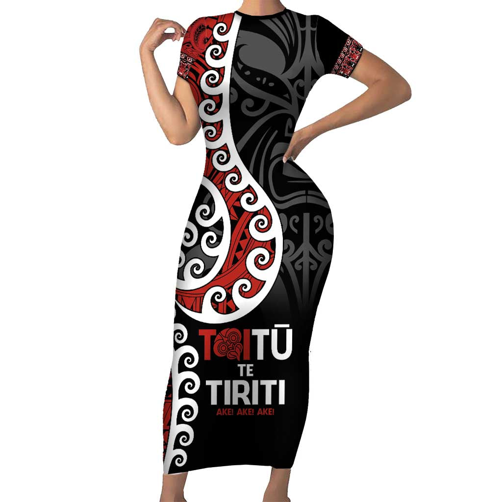 Honour The Treaty New Zealand Short Sleeve Bodycon Dress Toitu Te Tiriti Ake!Ake!Ake! LT9 Long Dress Black - Polynesian Pride
