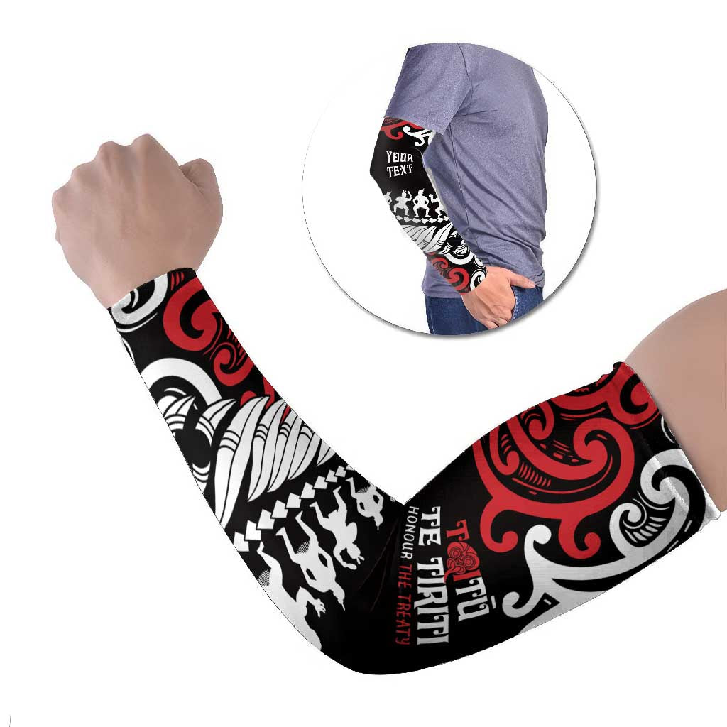 Honour The Treaty New Zealand Personalised Arm Sleeves Toitu Te Tiriti Half Fern Haka Dance LT9 Set of 2 Red - Polynesian Pride