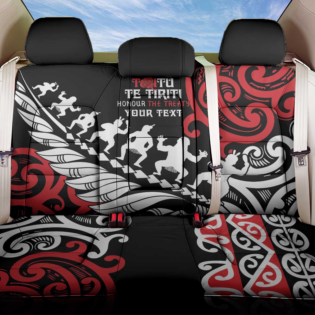 Honour The Treaty New Zealand Personalised Back Car Seat Cover Toitu Te Tiriti Half Fern with Haka dance LT9 One Size Black - Polynesian Pride