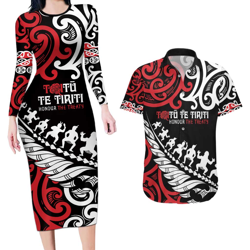 Honour The Treaty New Zealand Personalised Couples Matching Long Sleeve Bodycon Dress and Hawaiian Shirt Toitu Te Tiriti Half Fern with Haka dance LT9 Black - Polynesian Pride