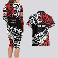 Honour The Treaty New Zealand Personalised Couples Matching Long Sleeve Bodycon Dress and Hawaiian Shirt Toitu Te Tiriti Half Fern with Haka dance LT9 - Polynesian Pride
