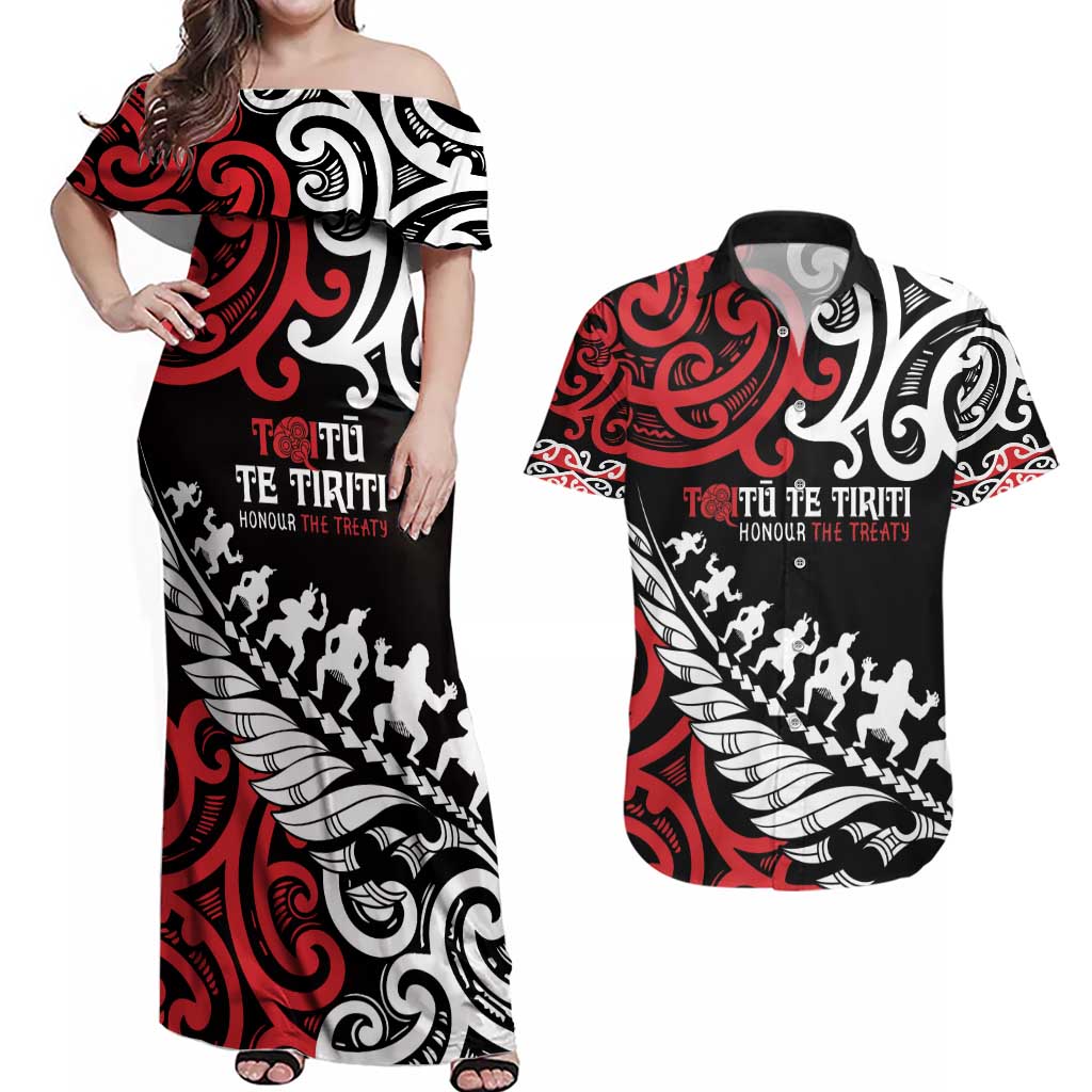 Honour The Treaty New Zealand Personalised Couples Matching Off Shoulder Maxi Dress and Hawaiian Shirt Toitu Te Tiriti Half Fern with Haka dance LT9 Black - Polynesian Pride