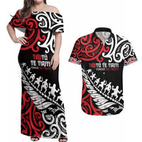 Honour The Treaty New Zealand Personalised Couples Matching Off Shoulder Maxi Dress and Hawaiian Shirt Toitu Te Tiriti Half Fern with Haka dance LT9 Black - Polynesian Pride