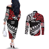 Honour The Treaty New Zealand Personalised Couples Matching Off The Shoulder Long Sleeve Dress and Long Sleeve Button Shirt Toitu Te Tiriti Half Fern with Haka dance
