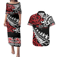 Honour The Treaty New Zealand Personalised Couples Matching Puletasi and Hawaiian Shirt Toitu Te Tiriti Half Fern with Haka dance