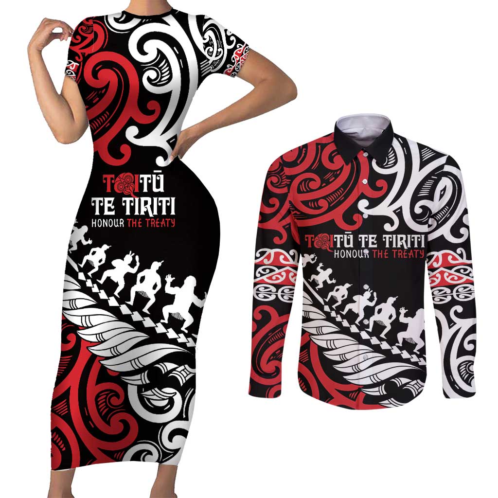 Honour The Treaty New Zealand Personalised Couples Matching Short Sleeve Bodycon Dress and Long Sleeve Button Shirt Toitu Te Tiriti Half Fern with Haka dance