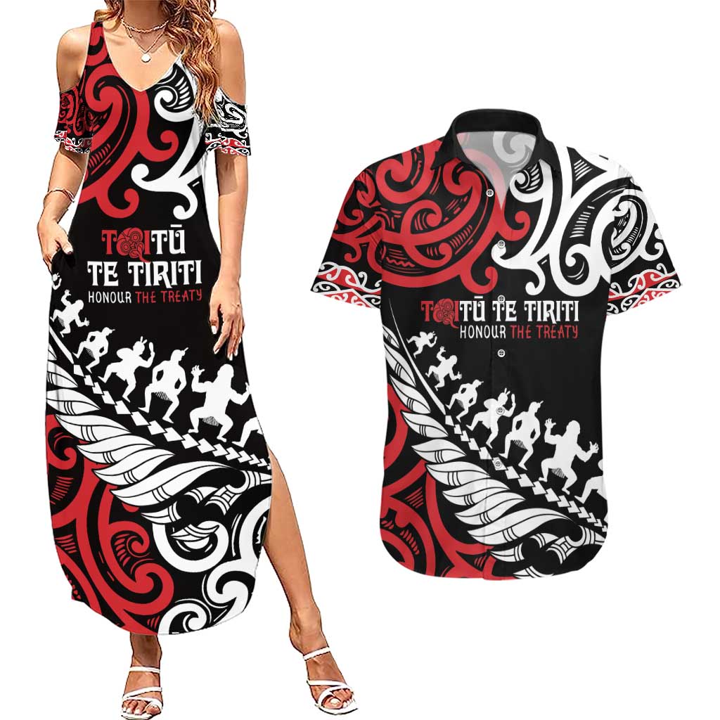 Honour The Treaty New Zealand Personalised Couples Matching Summer Maxi Dress and Hawaiian Shirt Toitu Te Tiriti Half Fern with Haka dance