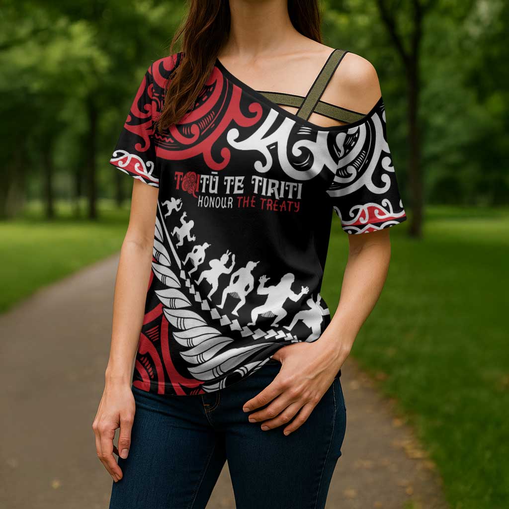 Honour The Treaty New Zealand Personalised Cross Shoulder Shirt Toitu Te Tiriti Half Fern Haka Dance LT9 - Polynesian Pride