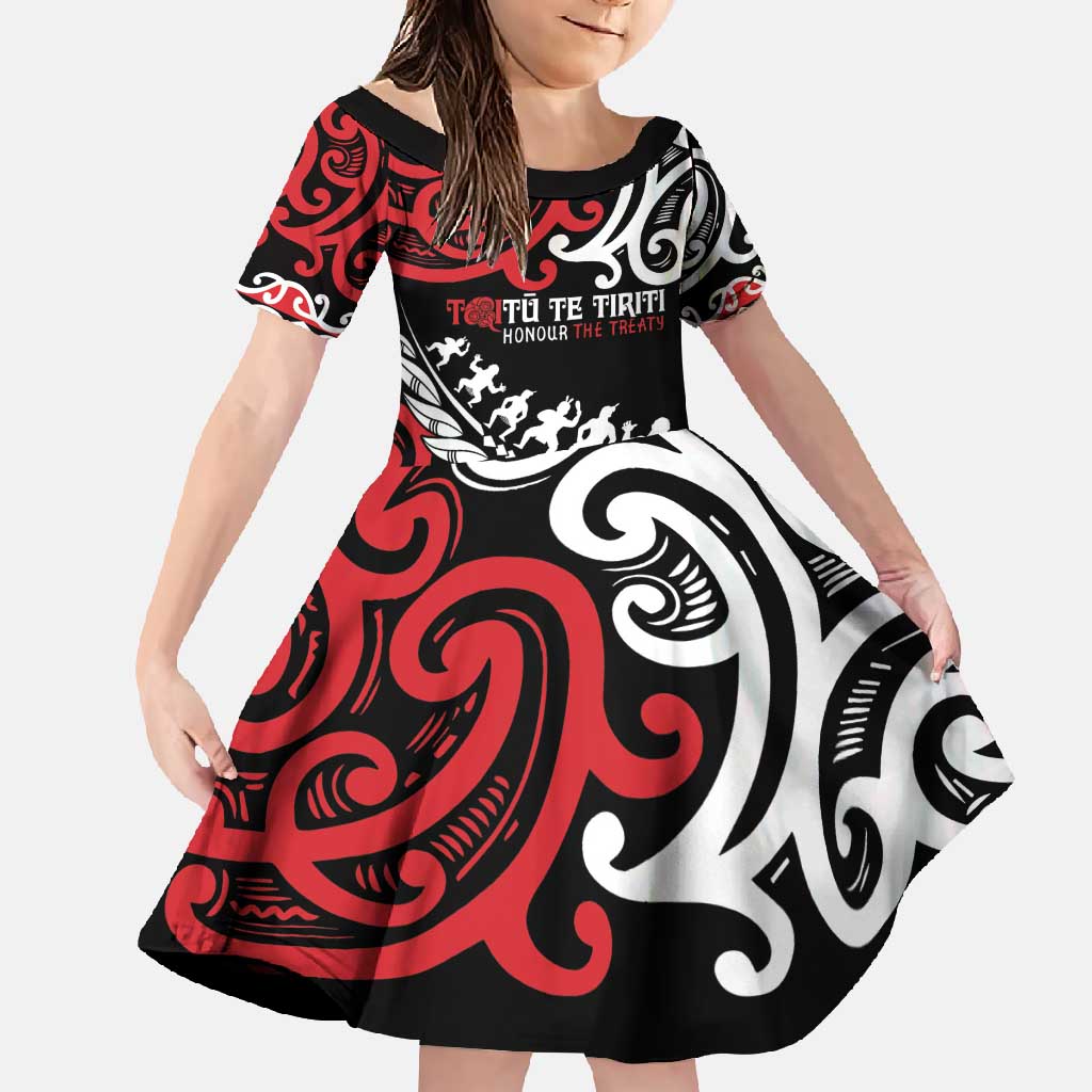 Honour The Treaty New Zealand Personalised Family Matching Mermaid Dress and Hawaiian Shirt Toitu Te Tiriti Half Fern with Haka dance LT9 Daughter's Dress Black - Polynesian Pride