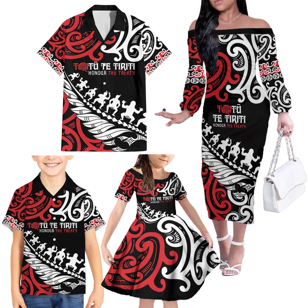 Honour The Treaty New Zealand Personalised Family Matching Off The Shoulder Long Sleeve Dress and Hawaiian Shirt Toitu Te Tiriti Half Fern with Haka dance LT9 - Polynesian Pride