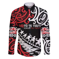 Honour The Treaty New Zealand Personalised Family Matching Off Shoulder Maxi Dress and Hawaiian Shirt Toitu Te Tiriti Half Fern with Haka dance LT9 Dad's Shirt - Long Sleeve Black - Polynesian Pride