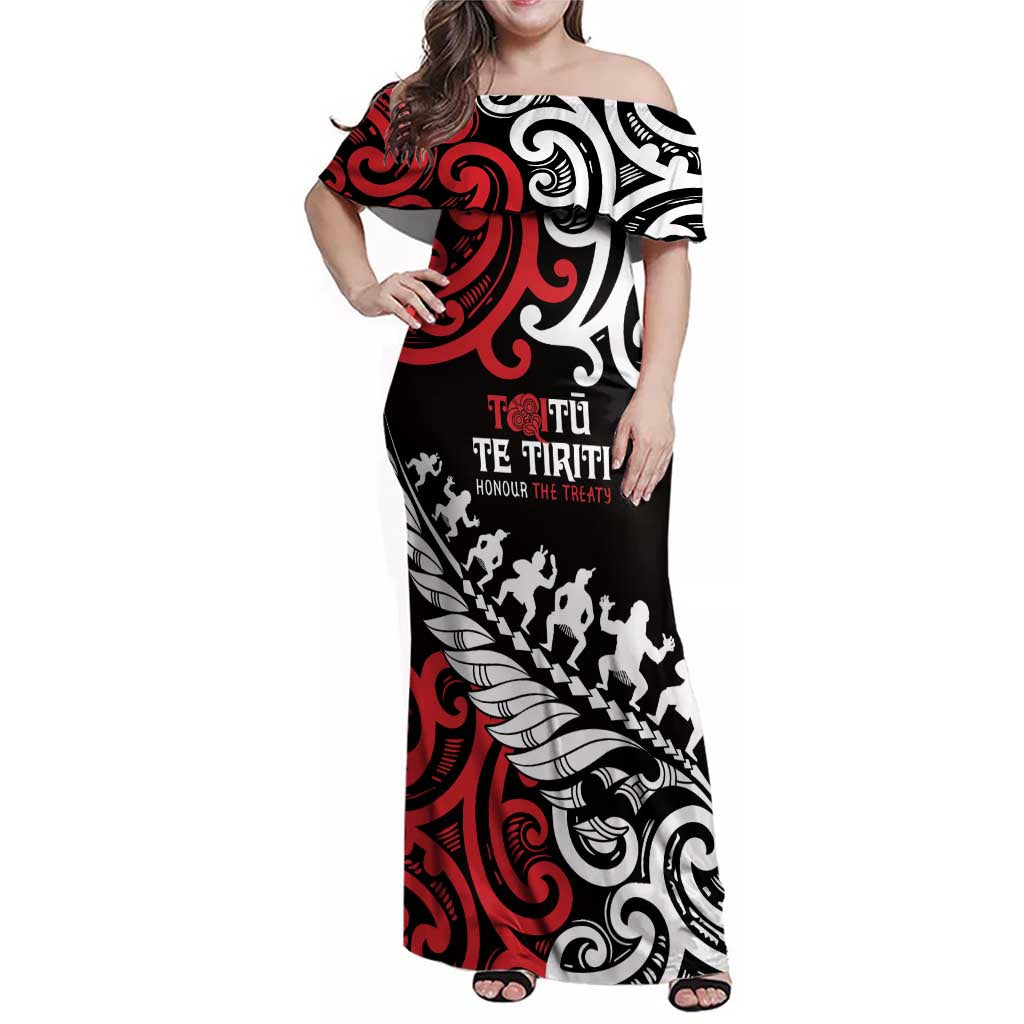 Honour The Treaty New Zealand Personalised Family Matching Off Shoulder Maxi Dress and Hawaiian Shirt Toitu Te Tiriti Half Fern with Haka dance LT9 Mom's Dress Black - Polynesian Pride