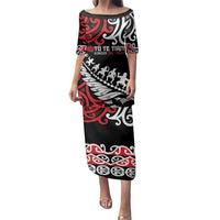 Honour The Treaty New Zealand Personalised Family Matching Puletasi and Hawaiian Shirt Toitu Te Tiriti Half Fern with Haka dance LT9 Mom's Dress Black - Polynesian Pride