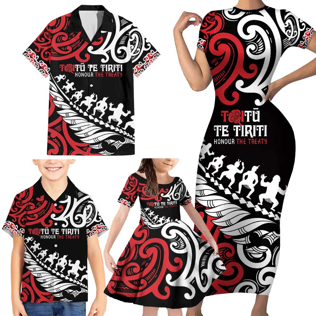Honour The Treaty New Zealand Personalised Family Matching Short Sleeve Bodycon Dress and Hawaiian Shirt Toitu Te Tiriti Half Fern with Haka dance LT9 - Polynesian Pride