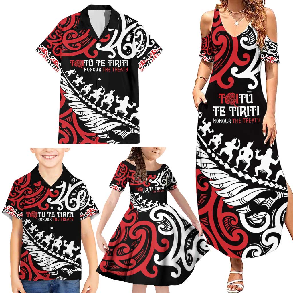 Honour The Treaty New Zealand Personalised Family Matching Summer Maxi Dress and Hawaiian Shirt Toitu Te Tiriti Half Fern with Haka dance LT9 - Polynesian Pride