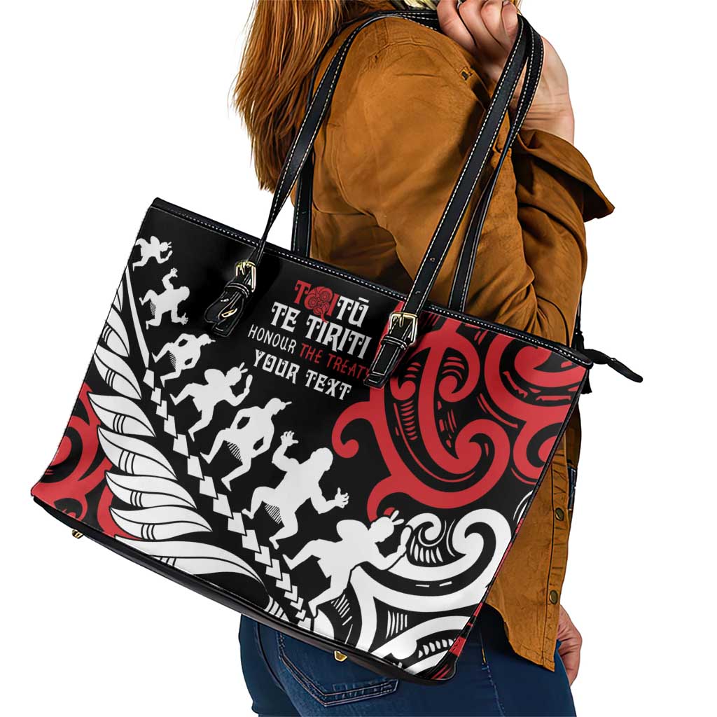 Honour The Treaty New Zealand Personalised Leather Tote Bag Toitu Te Tiriti Half Fern with Haka dance LT9 - Polynesian Pride