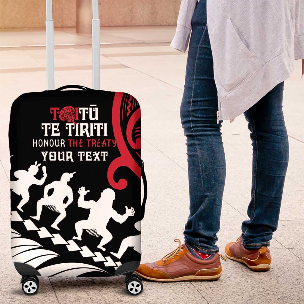 Honour The Treaty New Zealand Personalised Luggage Cover Toitu Te Tiriti Half Fern with Haka dance LT9 Black - Polynesian Pride