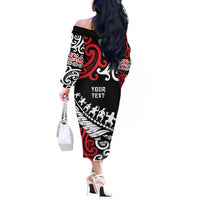 Honour The Treaty New Zealand Personalised Off The Shoulder Long Sleeve Dress Toitu Te Tiriti Half Fern with Haka dance LT9 - Polynesian Pride