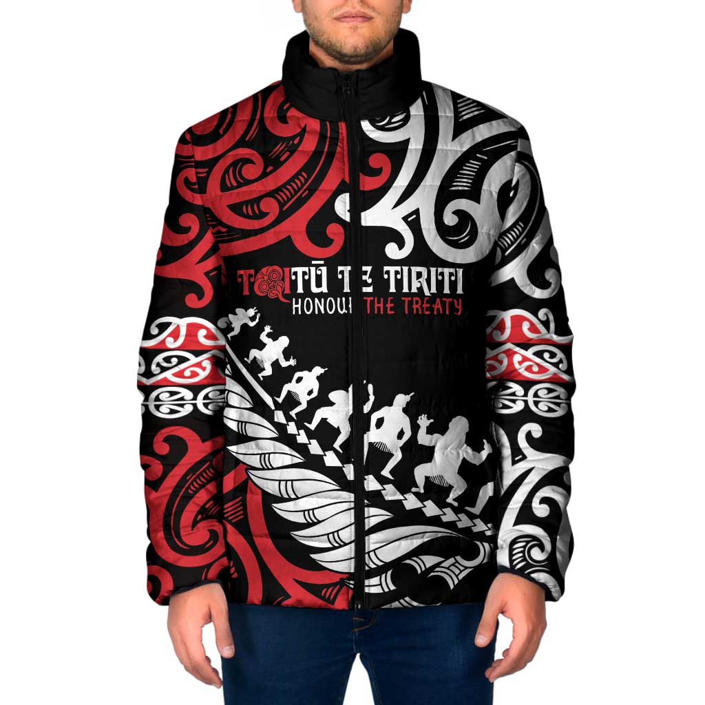 Honour The Treaty New Zealand Personalised Padded Jacket Toitu Te Tiriti Half Fern Haka Dance LT9 Men Red - Polynesian Pride
