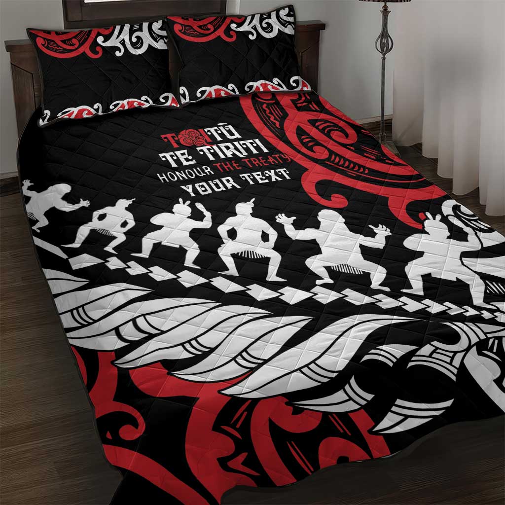 Honour The Treaty New Zealand Personalised Quilt Bed Set Toitu Te Tiriti Half Fern with Haka dance LT9 Black - Polynesian Pride