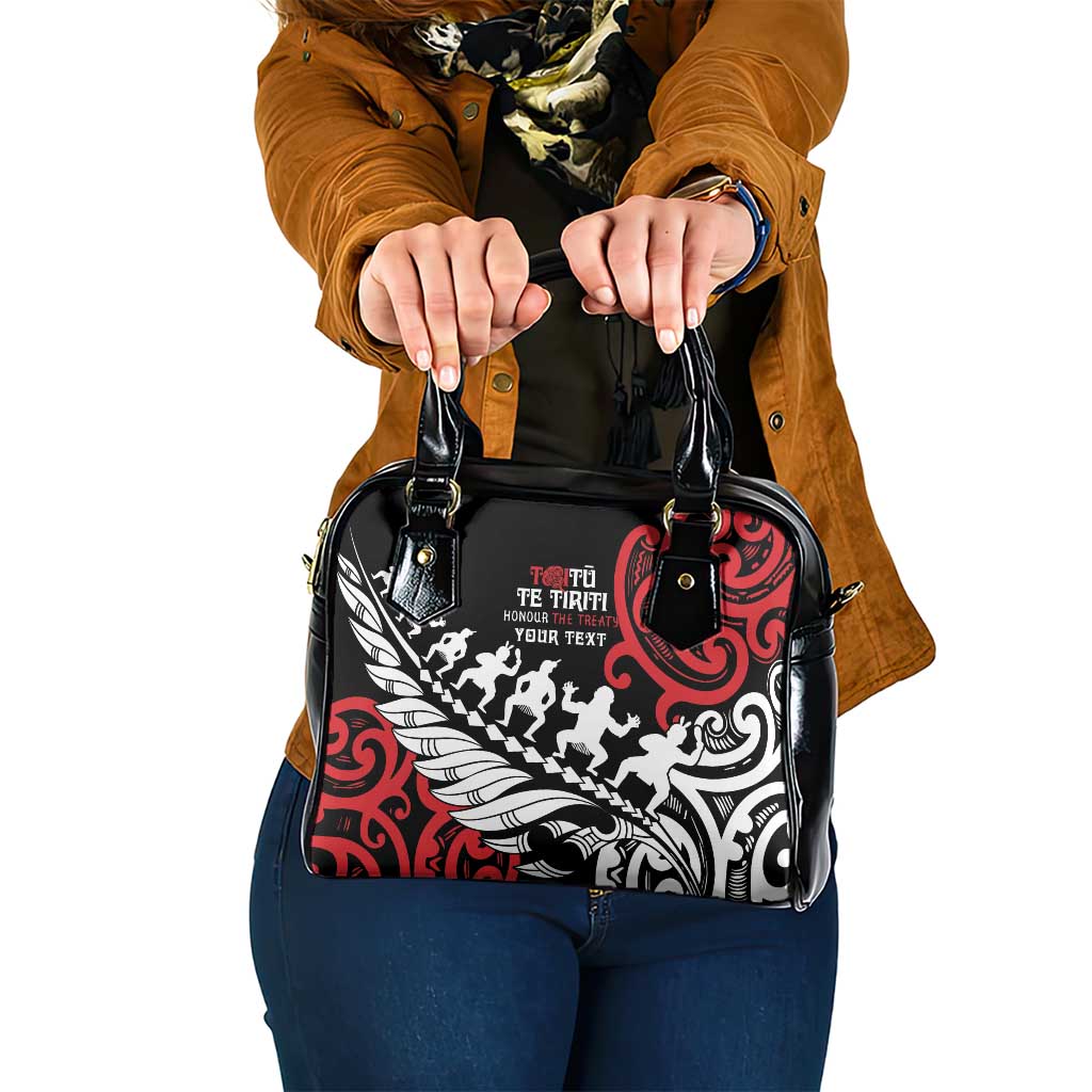 Honour The Treaty New Zealand Personalised Shoulder Handbag Toitu Te Tiriti Half Fern with Haka dance LT9 One Size Black - Polynesian Pride