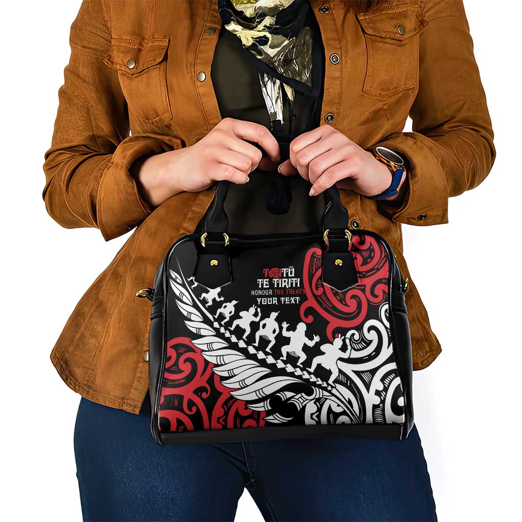 Honour The Treaty New Zealand Personalised Shoulder Handbag Toitu Te Tiriti Half Fern with Haka dance LT9 - Polynesian Pride