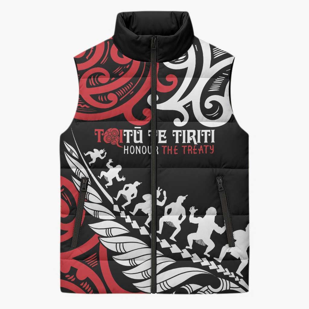 Honour The Treaty New Zealand Personalised Sleeveless Puffer Jacket Toitu Te Tiriti Half Fern Haka Dance LT9 Unisex Red - Polynesian Pride