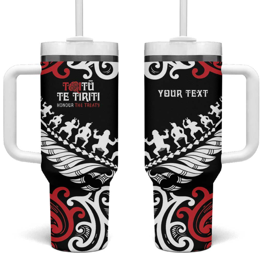 Honour The Treaty New Zealand Personalised Tumbler With Handle Toitu Te Tiriti Half Fern with Haka dance LT9 One Size: 40 oz Black - Polynesian Pride