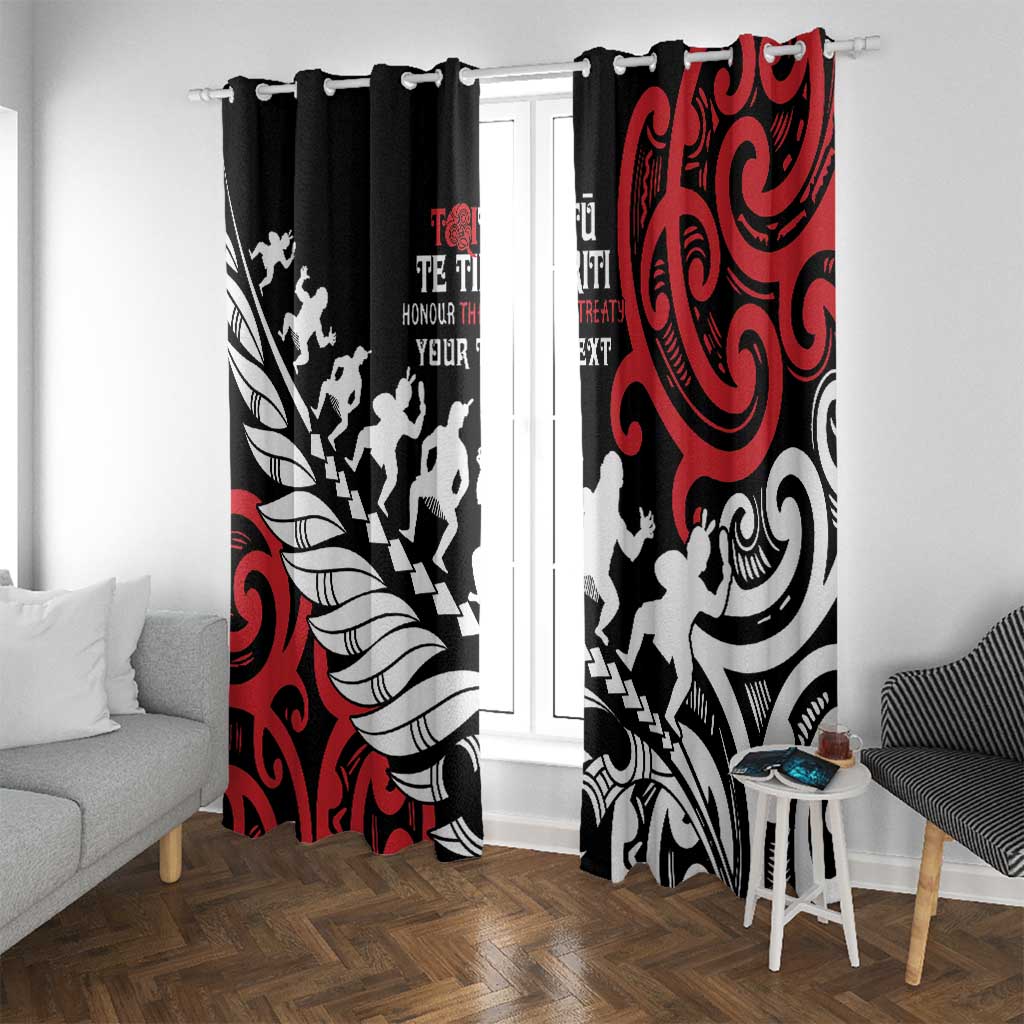 Honour The Treaty New Zealand Personalised Window Curtain Toitu Te Tiriti Half Fern with Haka dance LT9 With Grommets Black - Polynesian Pride