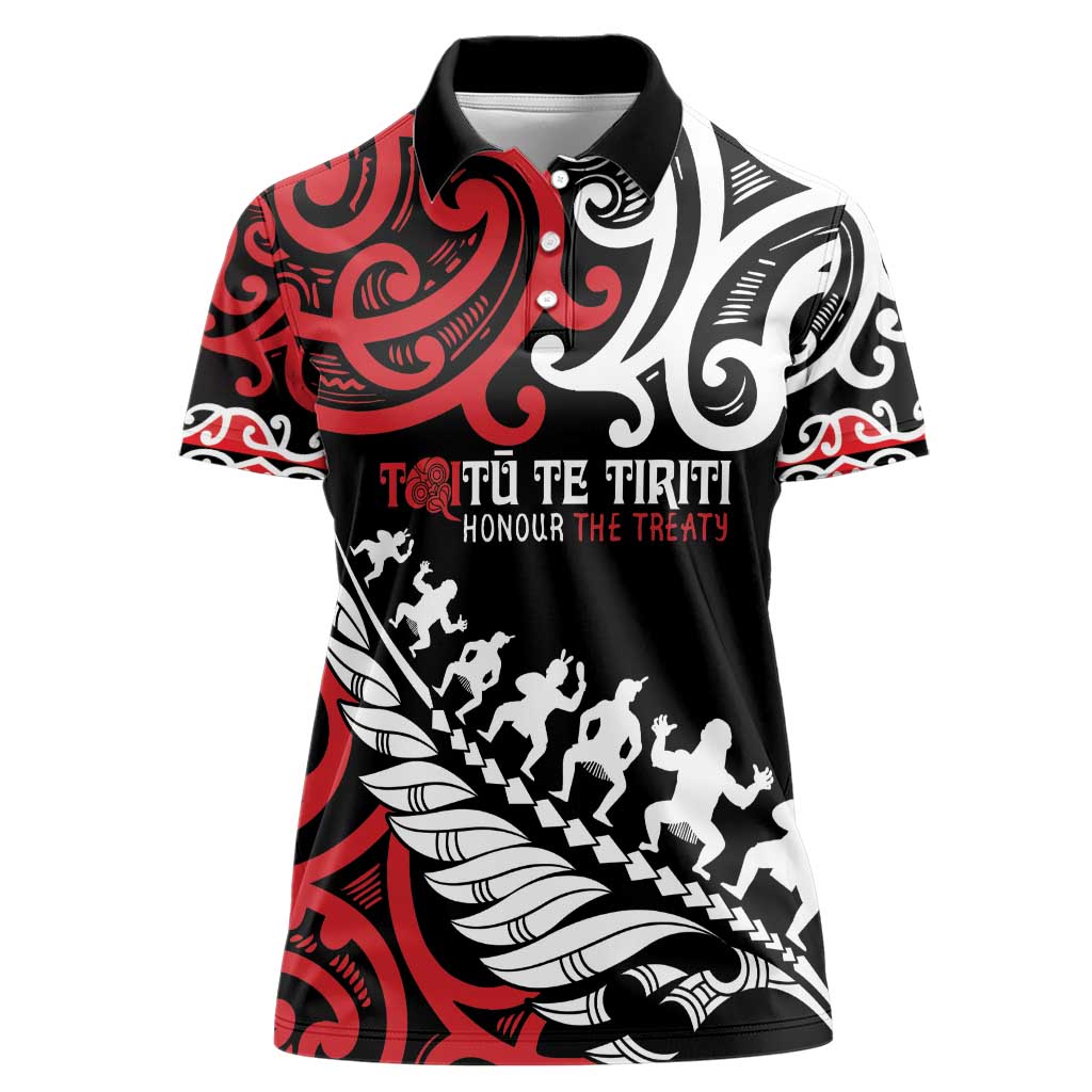 Honour The Treaty New Zealand Personalised Women Polo Shirt Toitu Te Tiriti Half Fern with Haka dance LT9 Female Black - Polynesian Pride