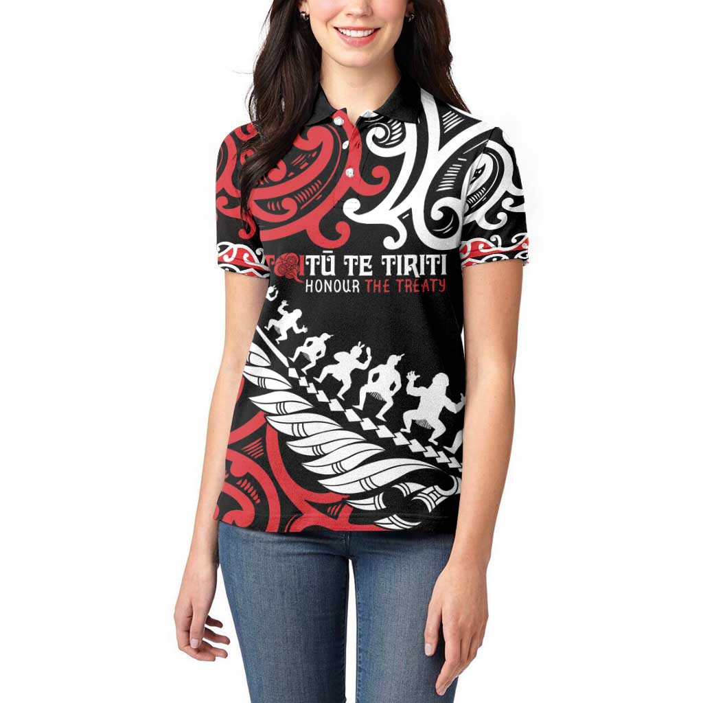 Honour The Treaty New Zealand Personalised Women Polo Shirt Toitu Te Tiriti Half Fern with Haka dance LT9 - Polynesian Pride