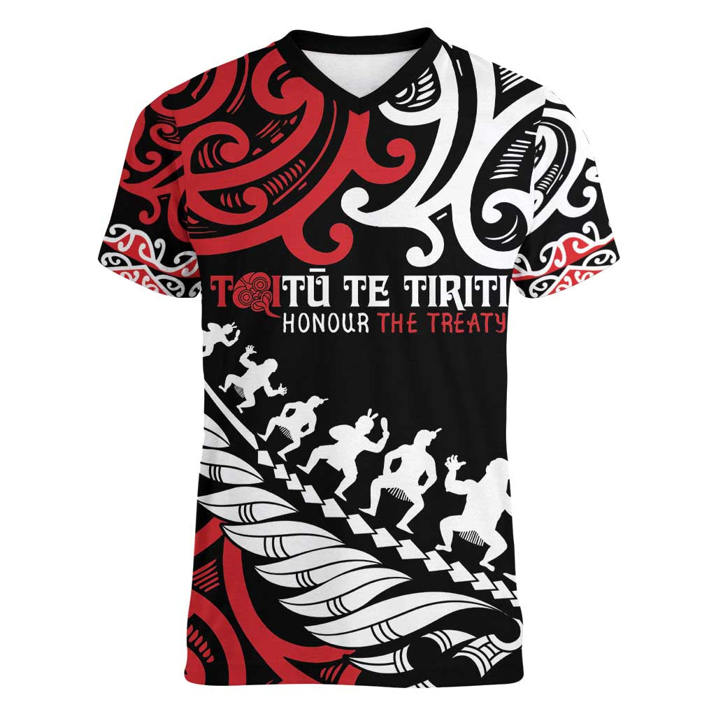 Honour The Treaty New Zealand Personalised Women V-Neck T-Shirt Toitu Te Tiriti Half Fern with Haka dance