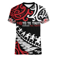 Honour The Treaty New Zealand Personalised Women V-Neck T-Shirt Toitu Te Tiriti Half Fern with Haka dance