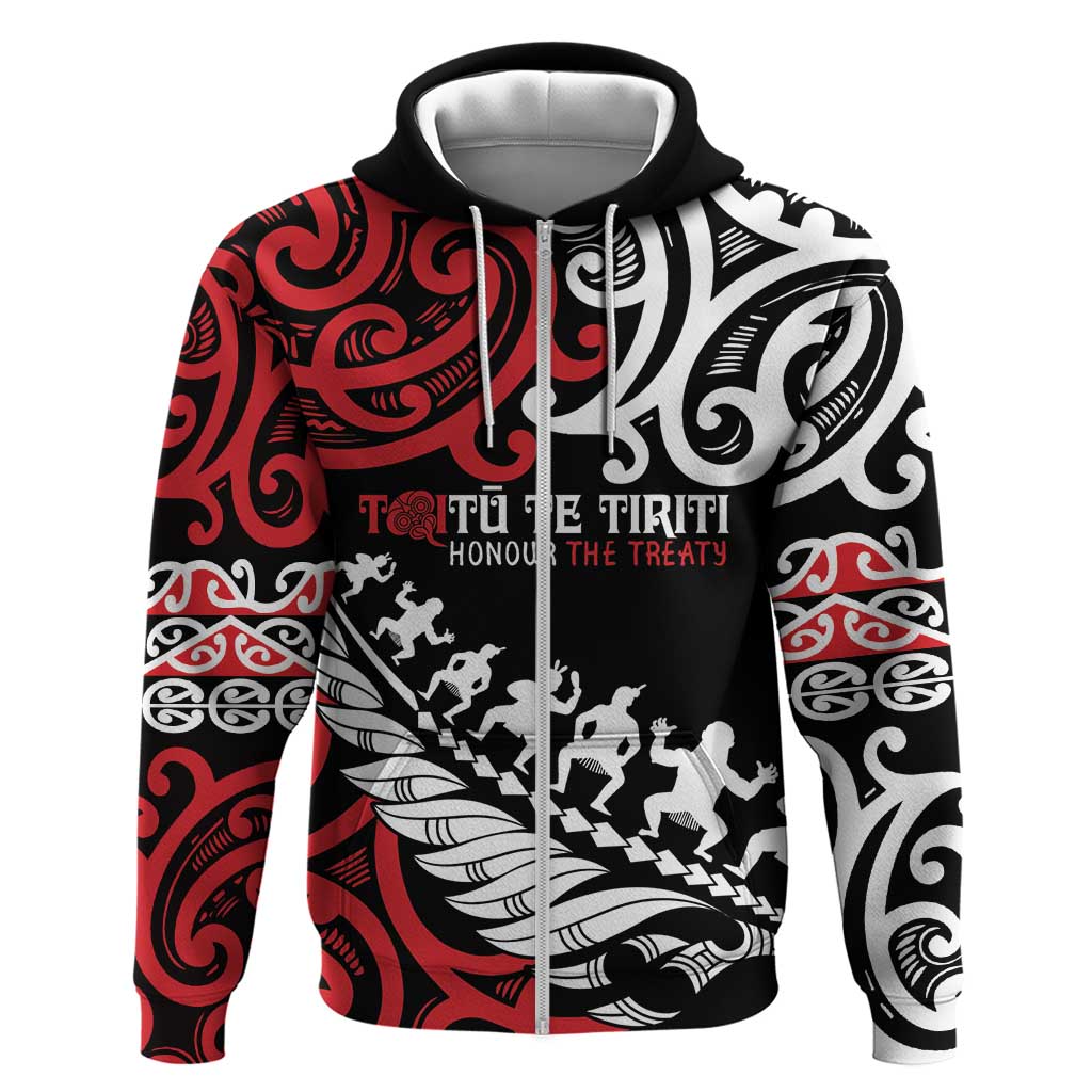 Honour The Treaty New Zealand Personalised Zip Hoodie Toitu Te Tiriti Half Fern with Haka dance LT9 Zip Hoodie Black - Polynesian Pride