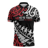 Honour The Treaty New Zealand Personalised Zipper Polo Shirt Toitu Te Tiriti Half Fern Haka Dance LT9 Red - Polynesian Pride