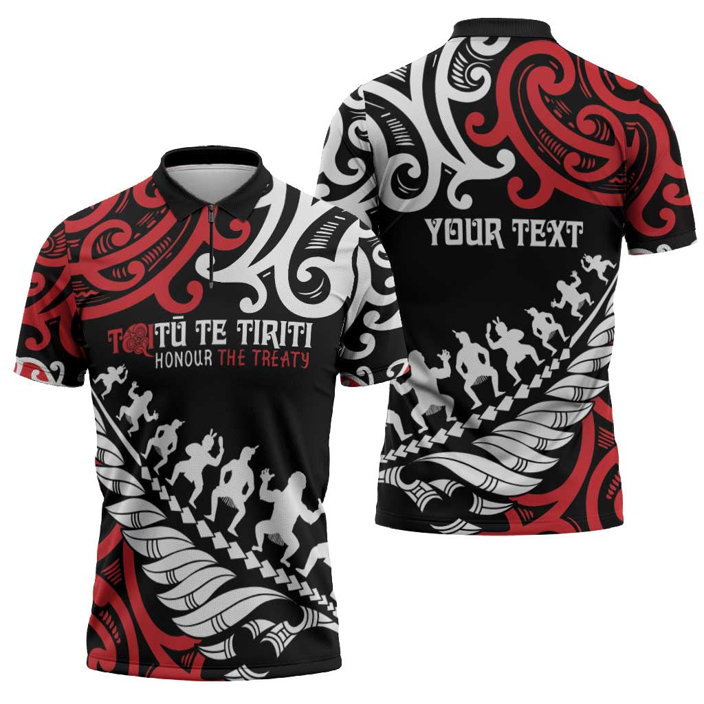 Honour The Treaty New Zealand Personalised Zipper Polo Shirt Toitu Te Tiriti Half Fern Haka Dance LT9 - Polynesian Pride