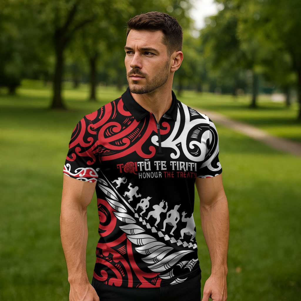 Honour The Treaty New Zealand Personalised Zipper Polo Shirt Toitu Te Tiriti Half Fern Haka Dance LT9 - Polynesian Pride