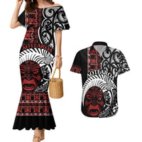 Honour The Treaty New Zealand Personalised Couples Matching Mermaid Dress and Hawaiian Shirt Toitu Te Tiriti Indigenous Maori Face LT9 Black - Polynesian Pride