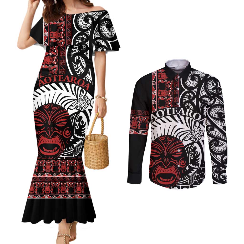 Honour The Treaty New Zealand Personalised Couples Matching Mermaid Dress and Long Sleeve Button Shirt Toitu Te Tiriti Indigenous Maori Face