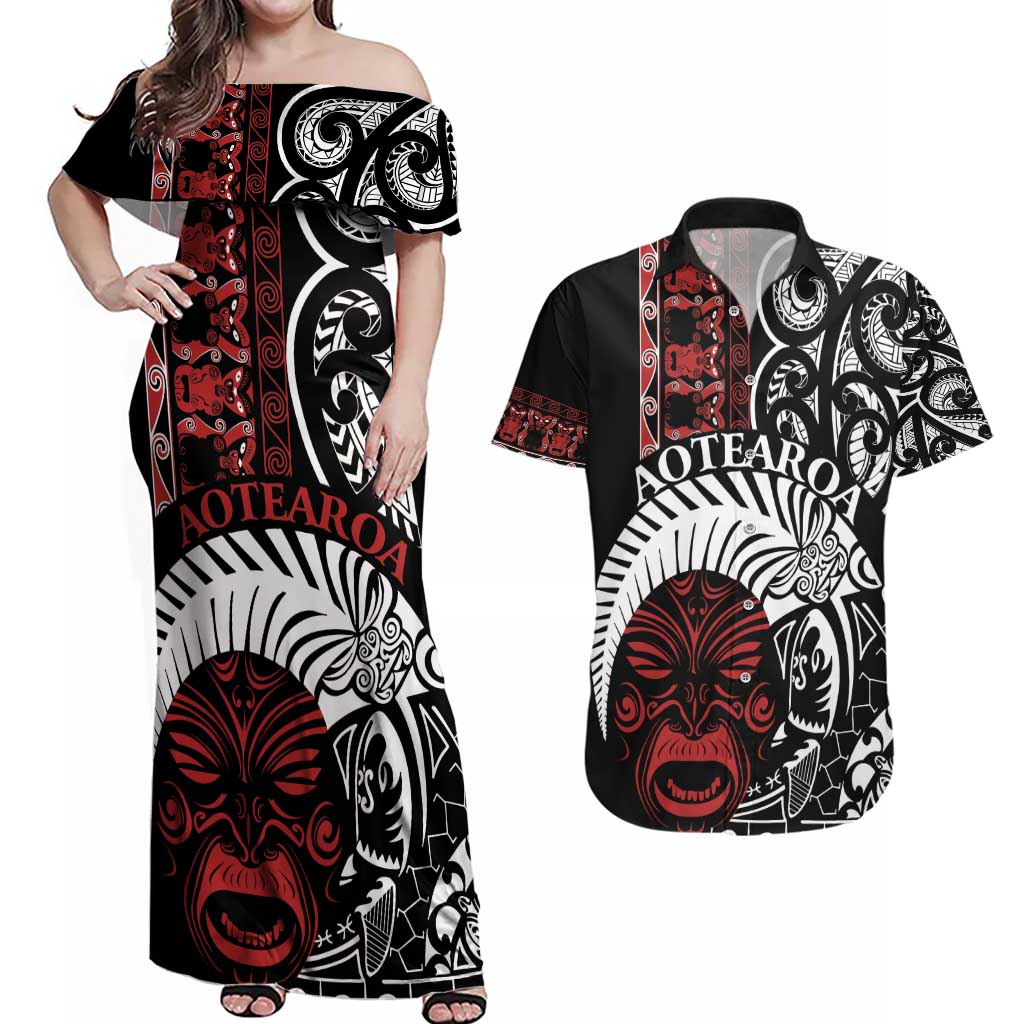Honour The Treaty New Zealand Personalised Couples Matching Off Shoulder Maxi Dress and Hawaiian Shirt Toitu Te Tiriti Indigenous Maori Face LT9 Black - Polynesian Pride