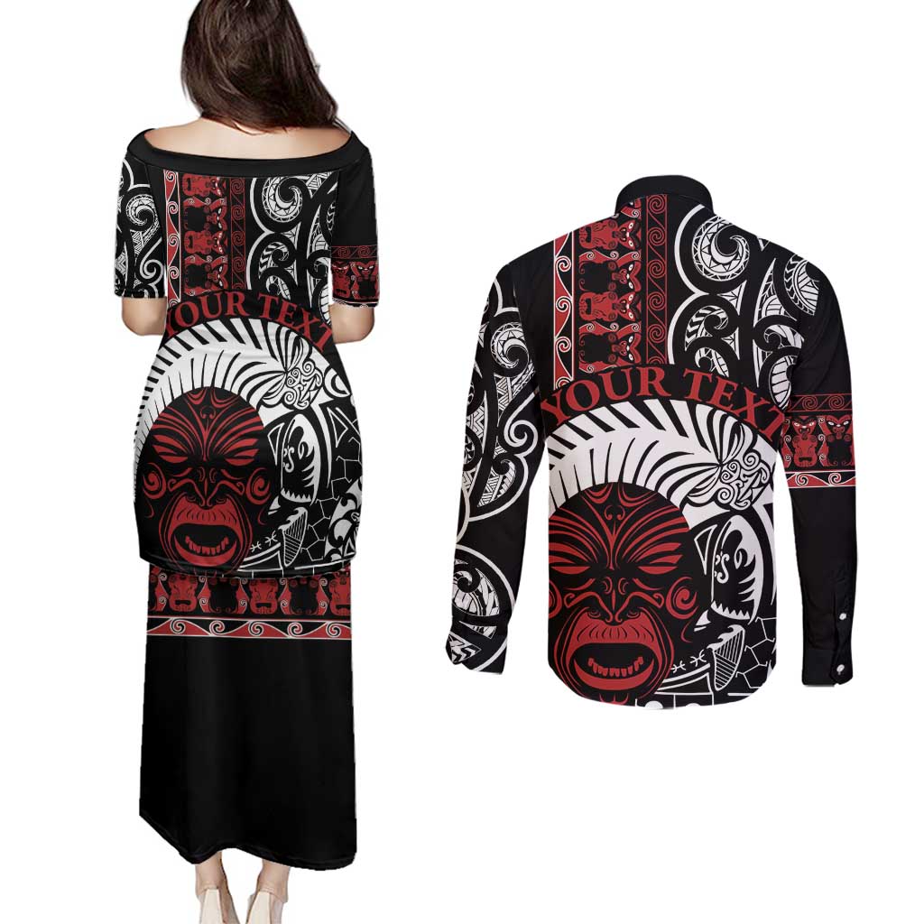 Honour The Treaty New Zealand Personalised Couples Matching Puletasi and Long Sleeve Button Shirt Toitu Te Tiriti Indigenous Maori Face
