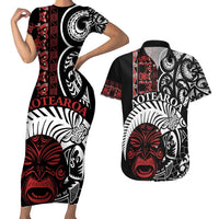 Honour The Treaty New Zealand Personalised Couples Matching Short Sleeve Bodycon Dress and Hawaiian Shirt Toitu Te Tiriti Indigenous Maori Face LT9 Black - Polynesian Pride