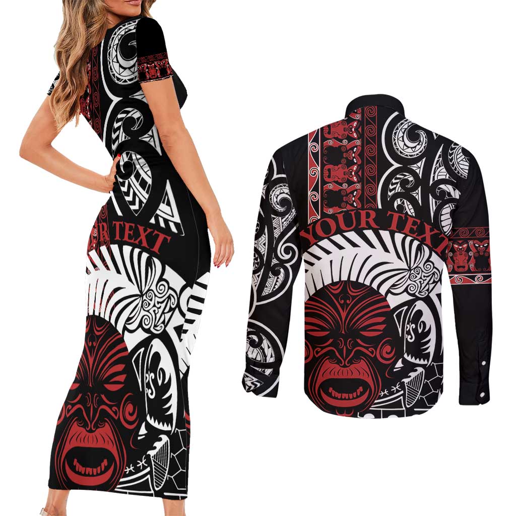 Honour The Treaty New Zealand Personalised Couples Matching Short Sleeve Bodycon Dress and Long Sleeve Button Shirt Toitu Te Tiriti Indigenous Maori Face