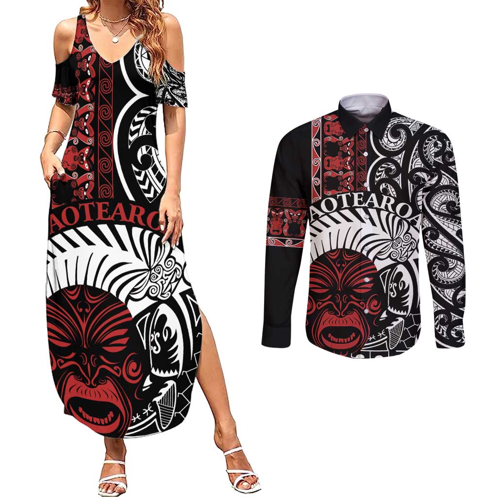 Honour The Treaty New Zealand Personalised Couples Matching Summer Maxi Dress and Long Sleeve Button Shirt Toitu Te Tiriti Indigenous Maori Face