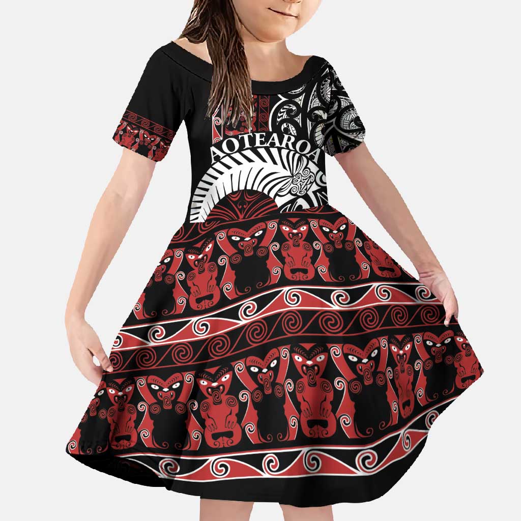 Honour The Treaty New Zealand Personalised Family Matching Long Sleeve Bodycon Dress and Hawaiian Shirt Toitu Te Tiriti Indigenous Maori Face LT9 Daughter's Dress Black - Polynesian Pride