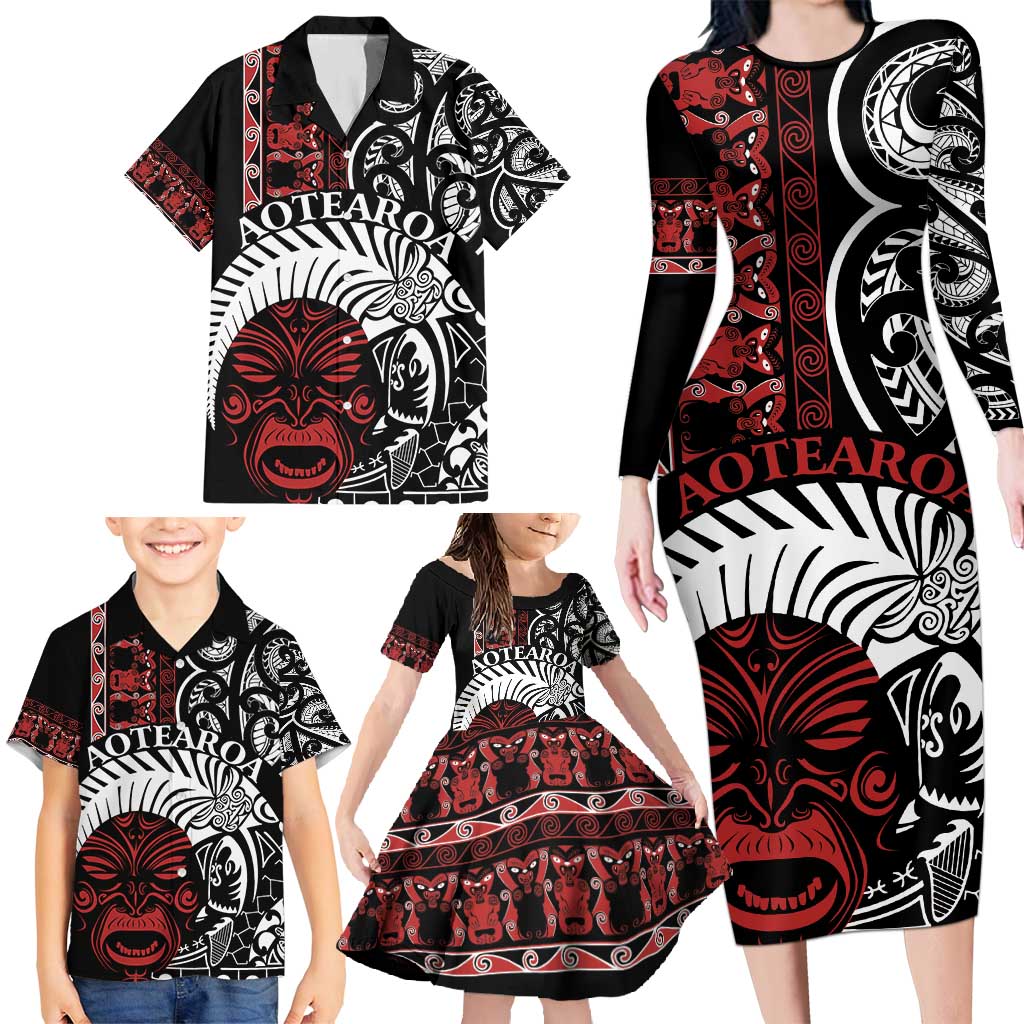 Honour The Treaty New Zealand Personalised Family Matching Long Sleeve Bodycon Dress and Hawaiian Shirt Toitu Te Tiriti Indigenous Maori Face LT9 - Polynesian Pride