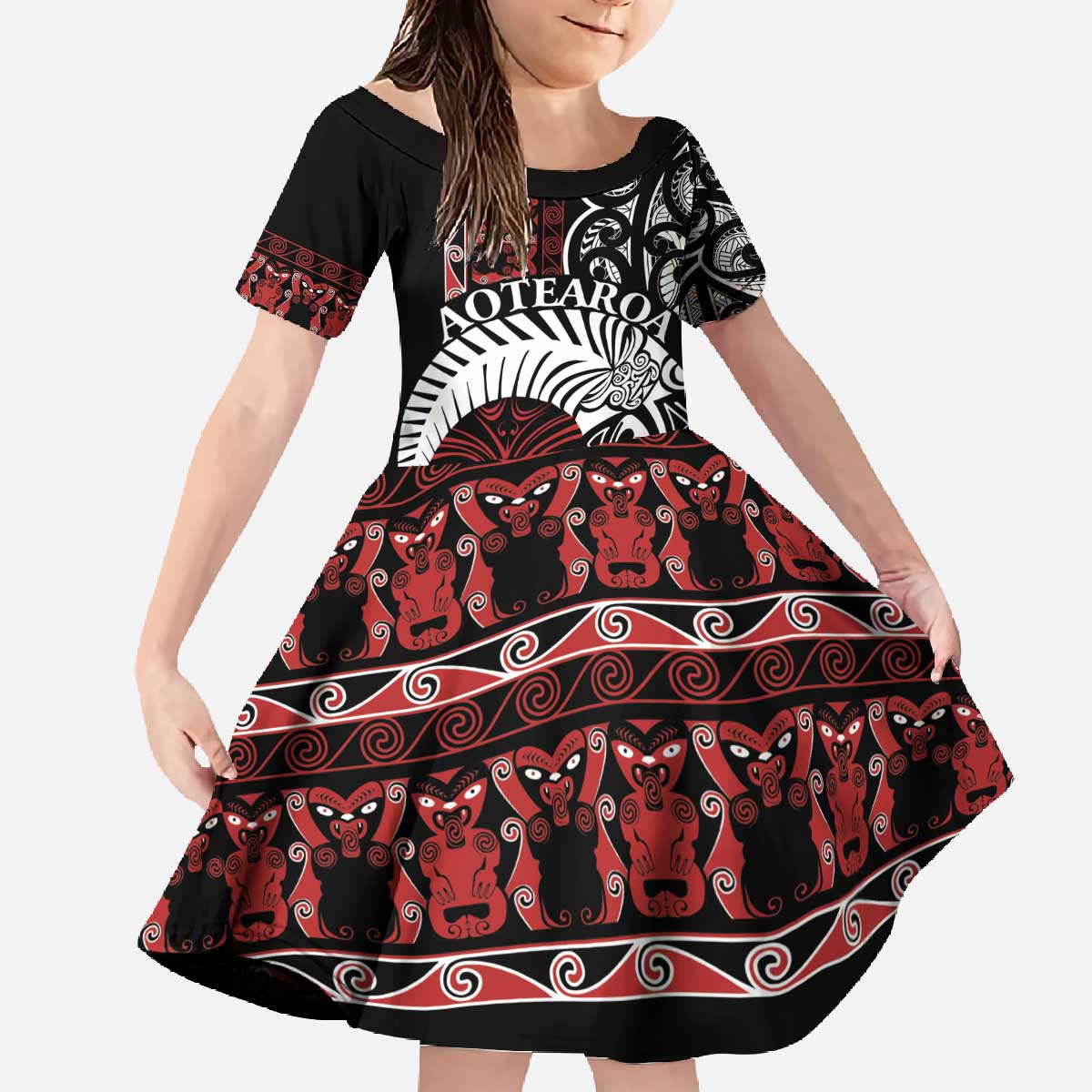 Honour The Treaty New Zealand Personalised Family Matching Off The Shoulder Long Sleeve Dress and Hawaiian Shirt Toitu Te Tiriti Indigenous Maori Face LT9 Daughter's Dress Black - Polynesian Pride