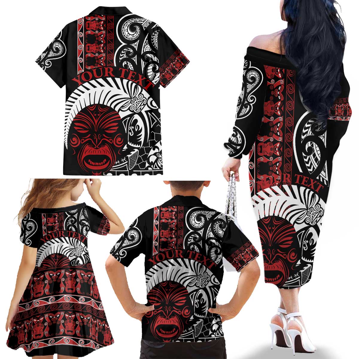 Honour The Treaty New Zealand Personalised Family Matching Off The Shoulder Long Sleeve Dress and Hawaiian Shirt Toitu Te Tiriti Indigenous Maori Face LT9 - Polynesian Pride