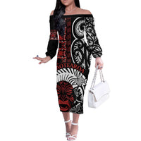 Honour The Treaty New Zealand Personalised Family Matching Off The Shoulder Long Sleeve Dress and Hawaiian Shirt Toitu Te Tiriti Indigenous Maori Face LT9 Mom's Dress Black - Polynesian Pride